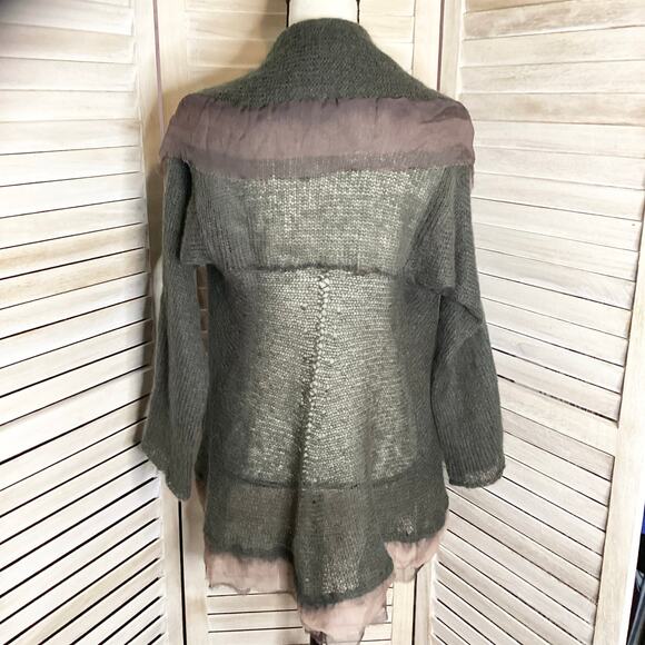 Vintage Olive 100% Wool Mohair? 100% Silk Trim Draped Shawl Neck Cardigan M/L - Picture 3 of 10